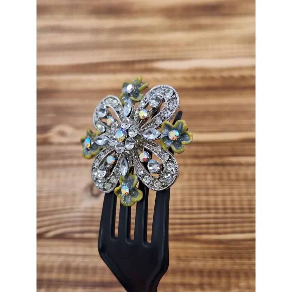 Vintage Rhinestone Brooch With Enamel Flowers Silver Tone 1.5